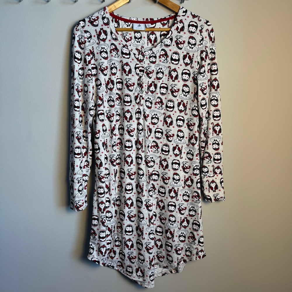 Winter Wonderland‎ Penguin Print Long Sleeve Henley Nightgown Gray Womens Size M